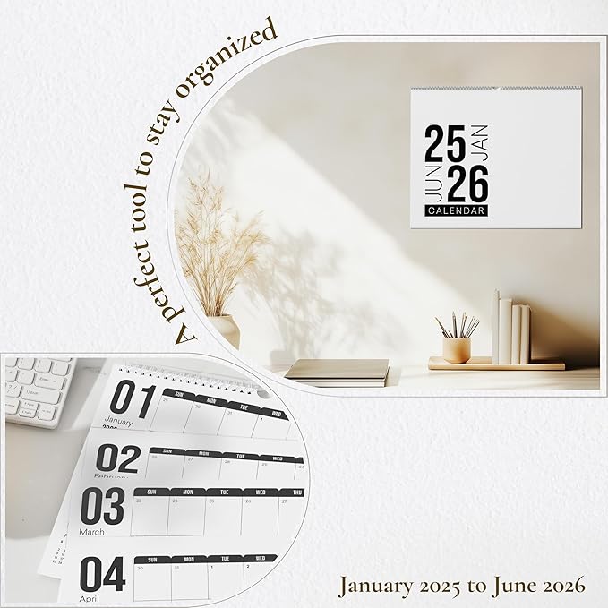 Makaplan Black & White Horizontal Coil Wall Calendar 2025-18 Month Calendar January 2025 to June 2026, 11x13.5 Inches Sleek Black & White Design with Spiral Twin-Wire Binding