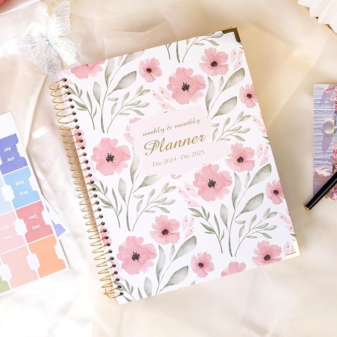 2024-2025 Hardcover Planner Weekly and Monthly 8.5"x11" Large Spiral Bound 2025 Planner for Women Gifts, Dec 2024-Dec 2025 13 Month Calendar Planner with Tabs Pockets Yearly Agenda,Pink