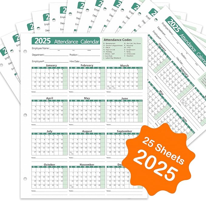2025 Attendance Calendar (Pack of 25 Sheets) Employee Work Tracker Attendance Calendar Cards - Each sheet 8.5 X 11 100lb CardStock paper Material Make (25 sheets -Green)
