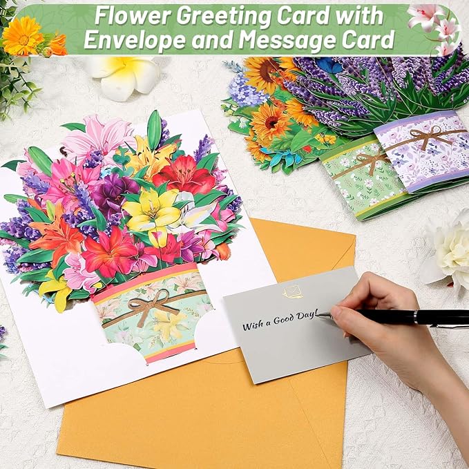 3 Pack Paper Flower Pop Up Cards, Flower Bouquet Card Popup 3D Greeting Cards for Mother's Day, Graduation, Anniversary, Birthday, Congratulations, Get Well, Home Decor, with Envelope
