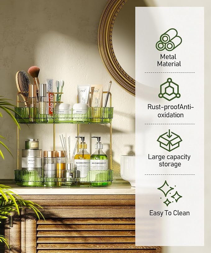 2-Tier Corner Bathroom Counter Organizer Makeup Cosmetic Storage, Tool-Free Installation Acrylic Vanity Shelf, Skin Care Organizer Perfume Tray for Countertop Bathroom, Dresser, Kitchen (Green)
