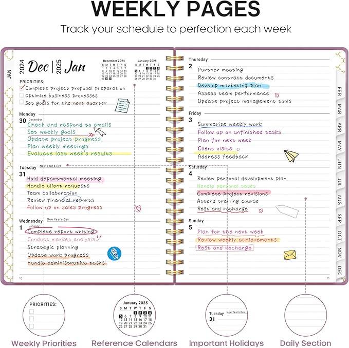 2025 Planner, Weekly and Monthly Planner Spiral Bound, Jan 2025 - Dec 2025, Hardcover 2025 Calendar Planner Book with Tabs, Inner Pocket, Perfect for Office Home School Supplies - A5 (6.3" x 8.5"), Purple