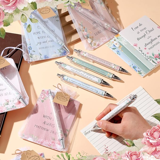 200 Pcs Bible Verse Sets Church Christian Gift Include 50 Scripture Notebooks 50 Bible Bamboo Pens 50 Thanks Tags 50 Organza Bags for Women Man Christian Party Gifts(Cute Color,Flower)