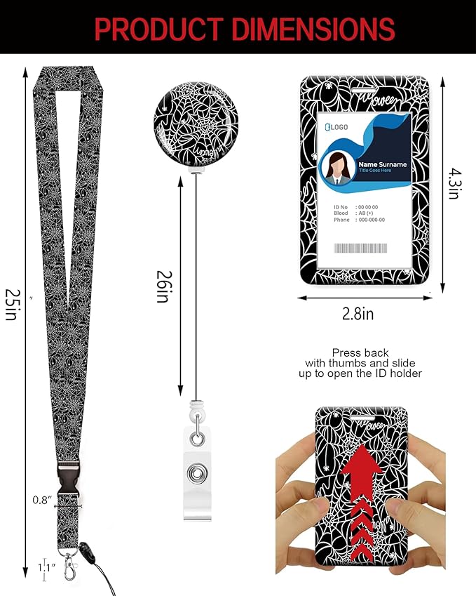 ID Badge Holder with Retractable Lanyard and Keychain, Badge Reel with Rotate Carabiner Clip,Spider Web Card Name Tag Lanyard ID Protector Bage Clips for Student, Women, Office