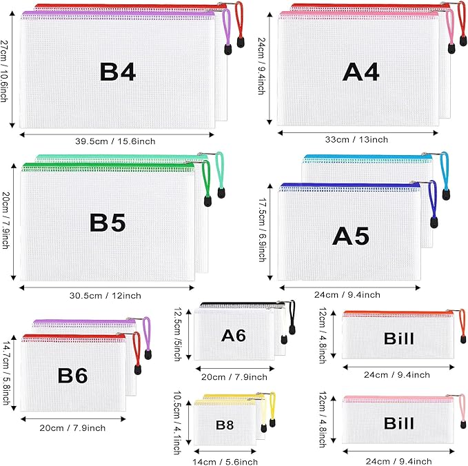 32pcs Mesh Zipper Pouch, 8 Sizes Waterproof Zipper File Bags, 16 Colors,Multipurpose for Travel Storage, School Supplies, Office Appliances and Home Organizing,Multicolored