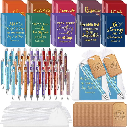 200 Pcs Bible Verse Sets Church Christian Gift Include 50 Scripture Notebooks 50 Bible Bamboo Pens 50 Thanks Tags 50 Organza Bags for Women Man Christian Party Gifts(Colorful,Novel)