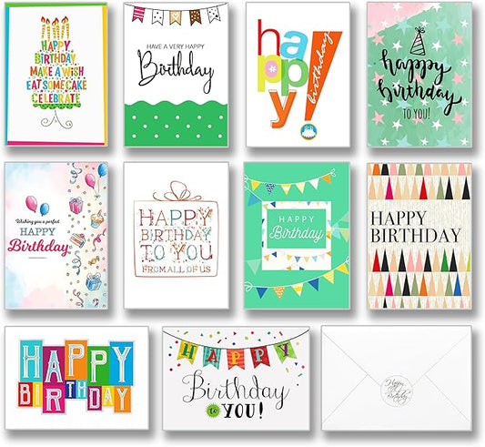 120 Happy Birthday Cards for Office, Business and Personal Use with Short Generic Message Inside, Assorted Greeting Notes Bulk with Envelopes and Stickers 4x6 Inch