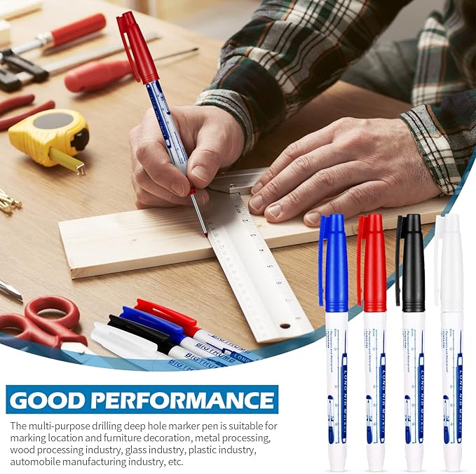 4 Pcs Deep Reach Markers Long Nose Waterproof Deep Hole Marker Carpenter Ink 30 mm Reach Permanent and Pens for Carpenters Builders Construction, 4 Colors