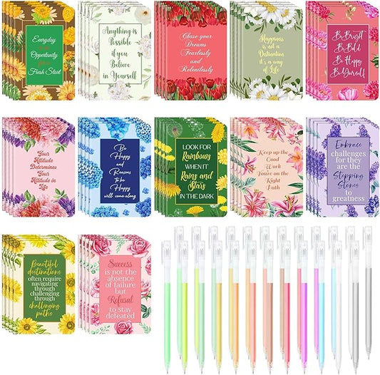48 Pcs Mini Inspirational Notebooks Bulk with 48 Pcs Colorful Pens, Small Pocket Journal Notepads Set, Motivational Bulk Gifts for Women Men Teacher Student Kids,Fun School Office Supplies,3.5"x5.5"
