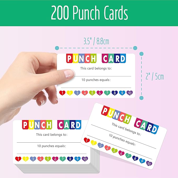 200 PCS Punch Cards, Incentive Card with Handheld Puncher Kit Heart Shaped Incentive Loyalty Reward Cards Boost Creativity & Skills Development for Business, Classroom, Students Behavior, 3.5” x 2”