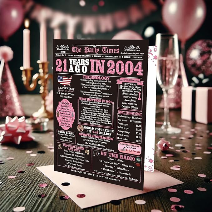 21st Birthday Gifts Decorations for Her - 21st Birthday Card & Party Supplies for Women, Large Birthday Card for 21 Year Old, Back in 2004 Birthday Card, Rose Pink Gold
