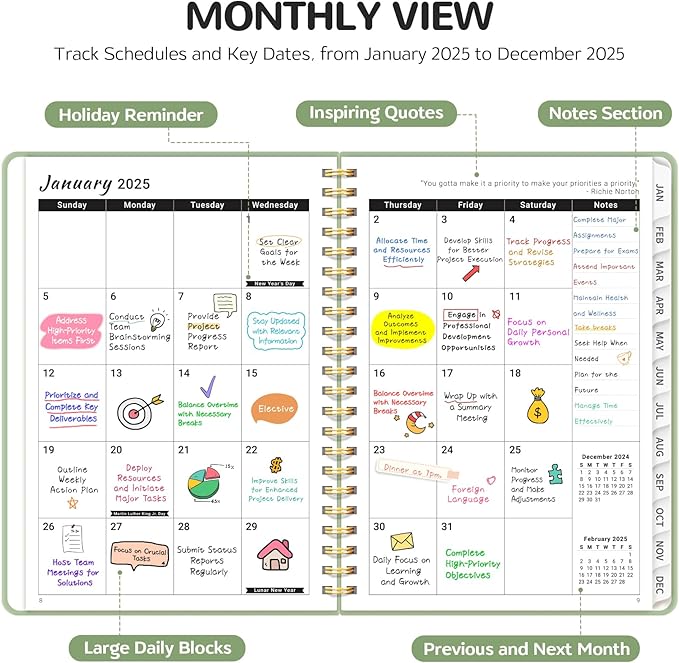 2025 Planner - Weekly and Monthly Planner, January 2025 to December 2025, Spiral Bound 2025 Calendar Planner Book, Inner Pocket, Perfect for Office Home School Supplies - A5 (6.3" x 8.5"), Sage Green