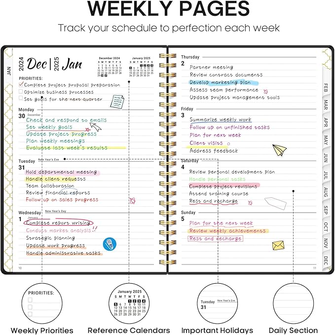2025 Planner, Weekly and Monthly Planner Spiral Bound, Jan 2025 - Dec 2025, Hardcover 2025 Calendar Planner Book with Tabs, Inner Pocket, Perfect for Office Home School Supplies - A5 (6.3" x 8.5"), Black