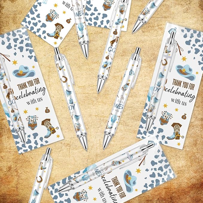 50 Sets Pen Baby Shower Favors Gifts for Guests Includes 50 Rolling Paper Ballpoint Pens and 50 Greeting Thank You Bookmarks Baby Shower Party Favors (Cowboy)