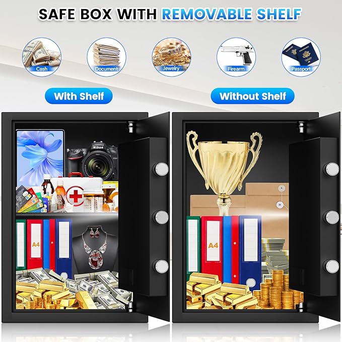 2.6 Cuft Fire Proof Safe for Home Documents, Home Safes Fireproof Waterproof, Fireproof Safe Box with LCD Digital Keypad, Alarm System, Hidden Code, Safety Box For Money Medicine Jewelry