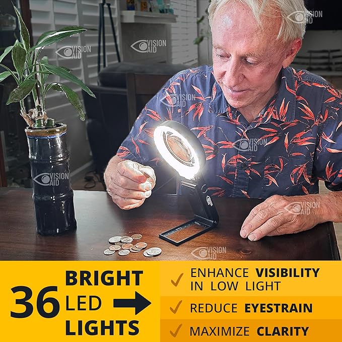 30x Hands-Free Magnifying Glass with USB Rechargeable 36 LED Lights, Storage Case | 40x Loupe Magnifier with Stand for Reading Coins Low Vision