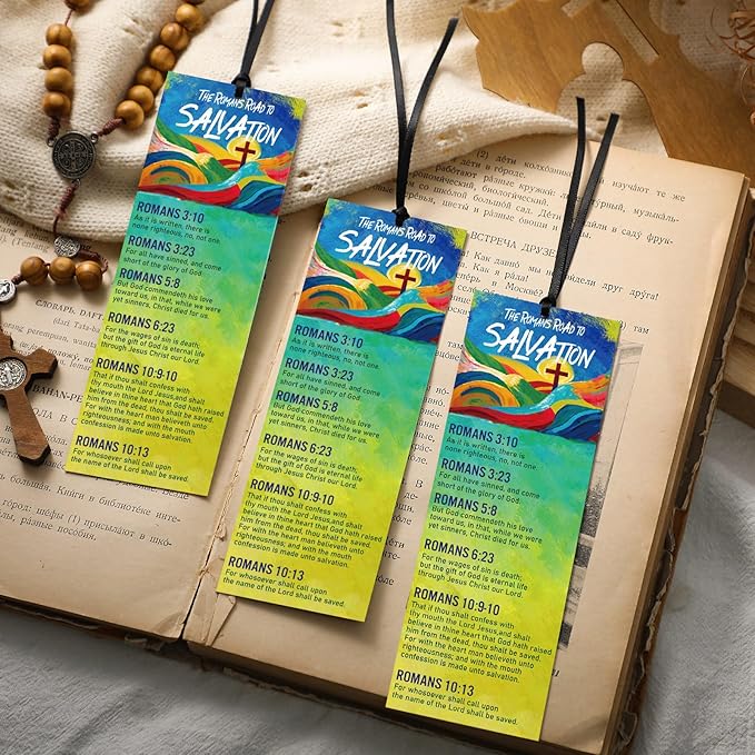 50 Pcs Romans Road to Salvation Bookmarks 6 x 2 Inches Roman's Road Cardstock Bookmark with 50 Pcs Hanging Strings