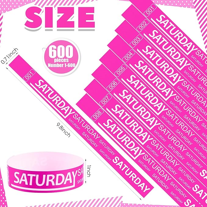 Henoyso 600 Pcs Saturday Paper Wristbands Event Wristbands Paper Bracelets Wristbands Numbered Waterproof Party Wristbands for Events Day of The Week(Rose Red)