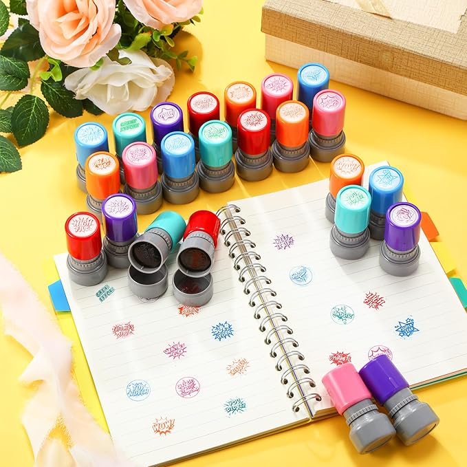 Yinder 24 Pcs Teacher Stamps for Classroom Self Inking Classroom Stamps Bulk for Teachers Elementary Colorful Motivational Encouraging Gifts(Hero)