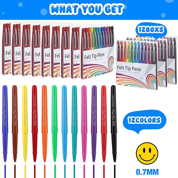144 Pcs Felt Tip Pens 0.7mm Medium Point Felt Pen Bulk 12 Colors Markers Journal Planner for Teachers Students Journaling Writing Note Art Office School Supplies