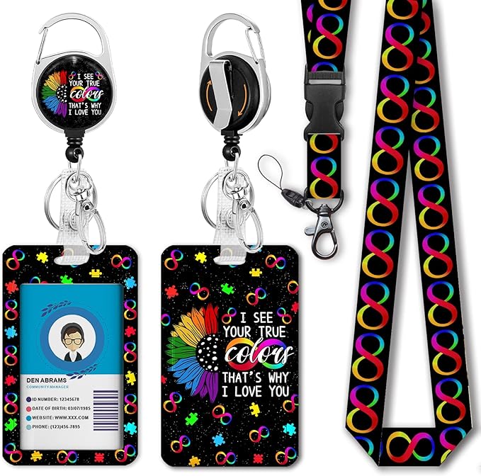 ID Badge Holder with Breakaway Lanyard, Retractable Badge Reel Heavy Duty, Autism Awareness Lanyards for ID Badges Ajustable, Teacher Nurse Work Office Gifts