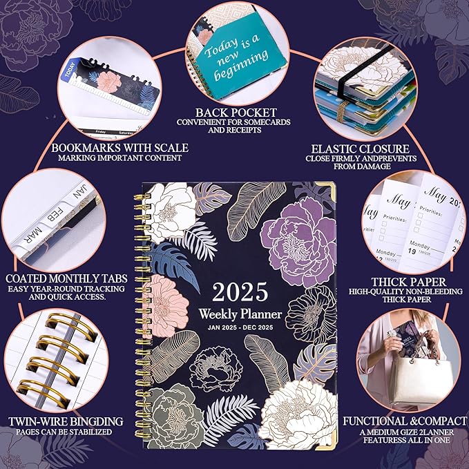 2025 Planner - 2025 Planner Weekly and Monthly, Jan.2025 - Dec.2025, Hardcover 2025 Planner Monthly with Tabs, 6.2" x 8.5", Strong Twin-Wire, Back Pocket