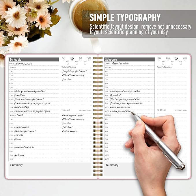 24 Hour Schedule Daily Planner - Undated To Do List Notebook with Hourly Schedule, 7" x 10", Spiral Organizer Your Tasks and Appointments, Home or Office Supplies for Women - Carnation Pink