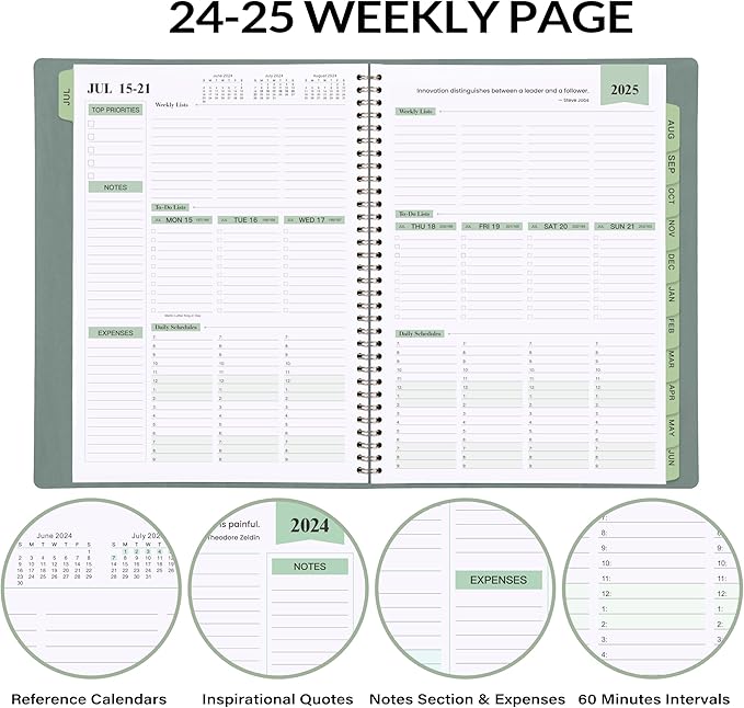 2024-2025 Planner - 11.38'' x 8.74'', Weekly & Monthly Planner Notepad,JUL 2024 - JUN 2025, Appointment Book, 60 Minutes Intervals, Monthly Tabs, Faux Soft Leather, Spiral Bound, Back Pockets - Green