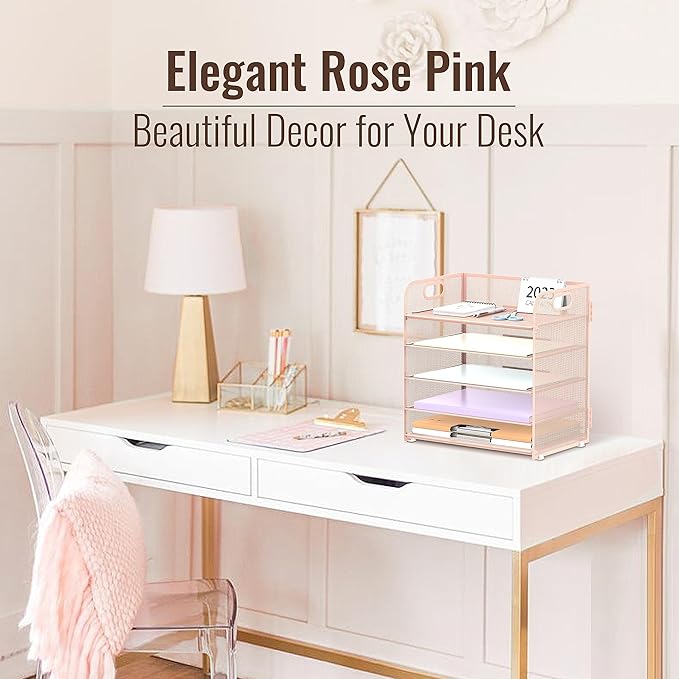 2 Pack 5-Tier Pink Desk Organizer with Handle Mesh Desk File/Paper Organizer Letter Tray for Office, School and Home Easy Installation