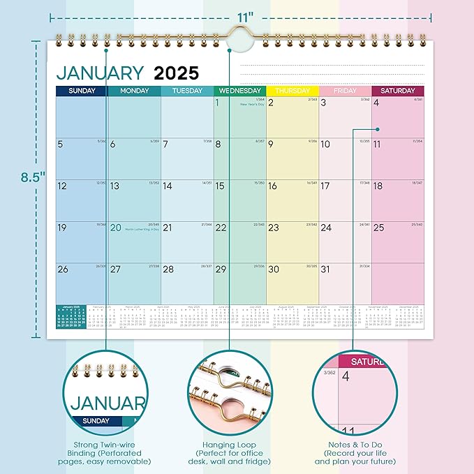 2025 Wall Calendar - 12 Month Hanging Calendar, January 2025 - December 2025, 11 x 8.5 inches, Julian Dates, Colorful Design, Suitable for Hanging on the Wall, Suitable for School Home Office Planning Organizing