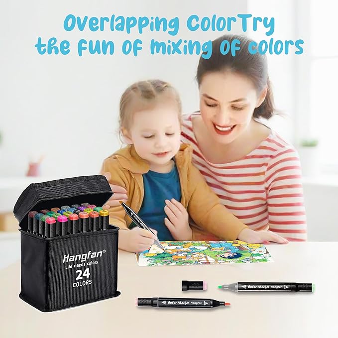 24 Colors Coloring,Markers for Kids,Dual Brush Tip Markers,Give 1 White Highlighter,1 Tracing Pen,Drawing, Sketching, Card Making and Illustration (Black Pen Container)