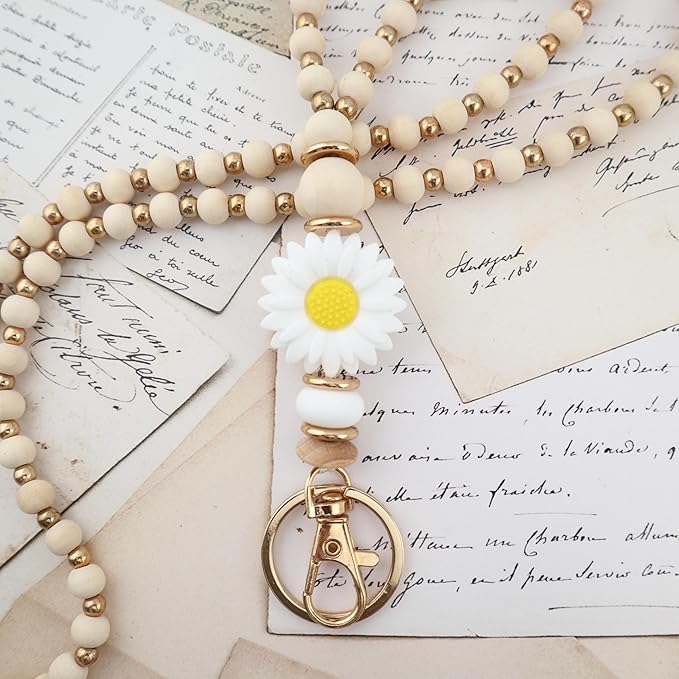 Wooden Teacher Lanyards for Id Badge Cute Flower Wood and Gold Beaded Lanyards for Women for Nurse Badge