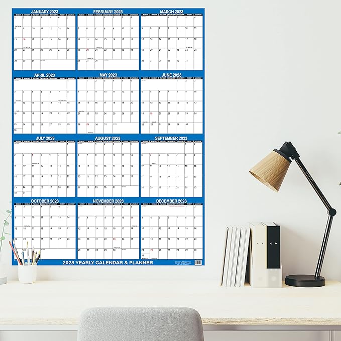 24" x 36" SwiftGlimpse 2025 Wall Calendar Erasable Large Wet & Dry Erase Laminated 12 Month Annual Yearly Wall Planner, Reversible, Horizontal/Vertical, Navy