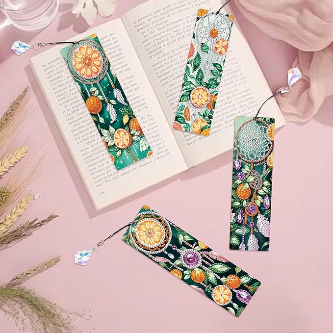 4 Pieces Diamond Art Bookmarks DIY 5D Diamond Painting Bookmarks Floral Dreamcatcher Beaded Bookmarks with Tassel Resin Rhinestone Leather Bookmark for DIY Art Crafts Adults Beginners