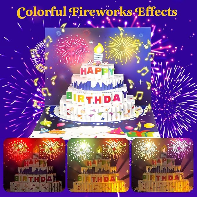3D Pop-Up Birthday Card with LED Lights & Blowable Candle – Interactive Music Greeting Card for Women, Men, Kids Blue