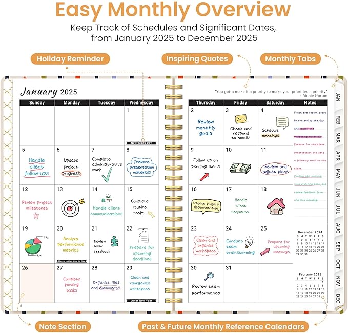2025 Planner Weekly and Monthly, Jan 2025 - Dec 2025, Hardcover 2025 Calendar Planner Book with Monthly Tabs, Inner Pocket, Aesthetic Planner 2025 for Office Home School Planning - A5 (6.3" x 8.5"), Spiral Bound, Stripes