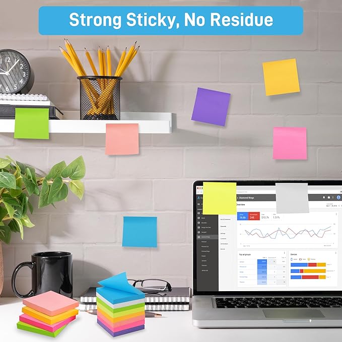 24 Pack Sticky Notes 3x3 Inches, 8 Bright Colors Self-Stick Notes, Strong Adhesive Sticky Memo Pads forHome Office School, 100 Sheets/Pad