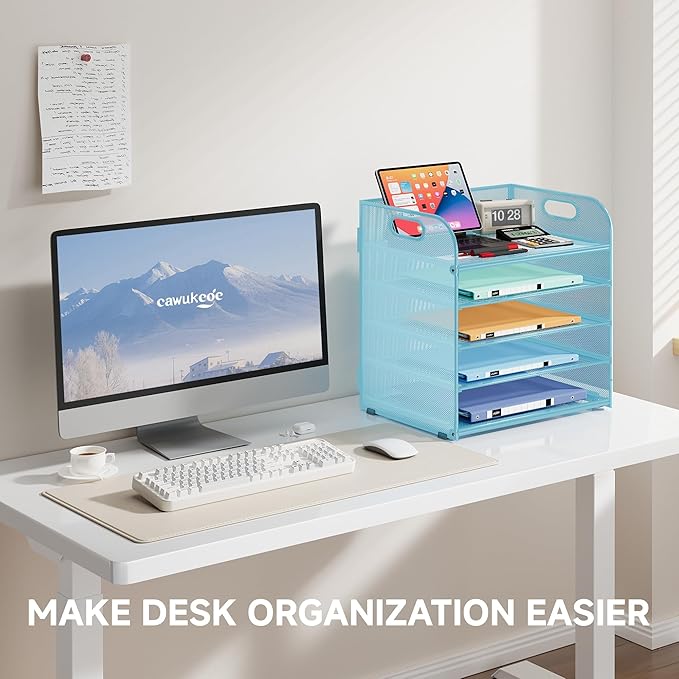 5 Tier Paper Organizer with Handle, Metal Mesh Desk Organizer File Folder Organizer Paper Letter Tray Desktop Document Sorter for Classroom, School, Office Organization and Storage - Blue