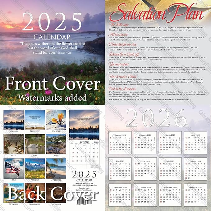 2025 Christian Wall Calendar, King James Bible Verses, 12x24 (Open) Staple Bound, Beautiful Pictures, quality printing and binding.
