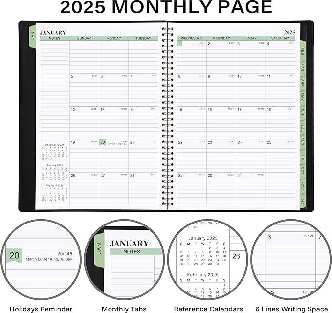 2025 Planner - Weekly & Monthly Planner Notepad 2025, 11.38'' x 8.74'', JAN. 2025 - DEC. 2025, Appointment Book, 60 Minutes Intervals, Tabs, Faux Leather Cover, Spiral Bound, Back Pocket - Black
