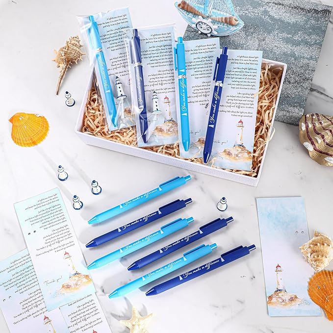 24 Set Positive Lighthouse Christmas Employee Coworkers Appreciation Gifts Bulk Lighthouse Pens Mini Resin Thank You Cards Bookmark Desk Accessories for Team Teacher Volunteer Staff