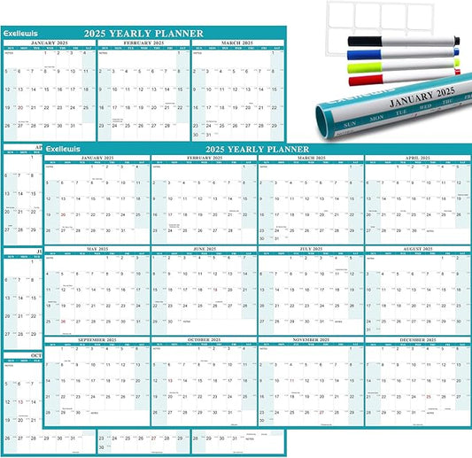 24" x 36" Exellewis 2025 Wall Calendar Erasable, Wet & Dry Erase Large Laminated Annual Yearly Planner - 12 Month Horizontal Vertical Calendar January to December for Easy Planning, Organizing