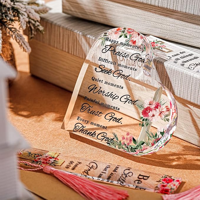 3 Pieces Christian Gifts for Women Religious Gifts for Women Praise God Bookmark and Acrylic Heart Paperweight Set Cheer up Gifts for Women Bible Verses Decor Happy Moment Praise God Decor