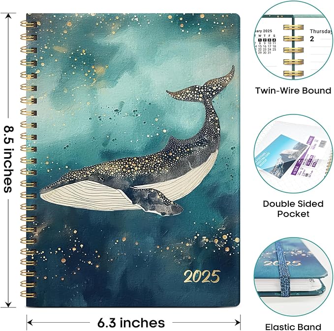2025 Planner, Weekly and Monthly Planner, 12 Month (Jan 2025 - Dec 2025), Hardcover 2025 Calendar Planner Book with Monthly Tabs, Inner Pocket, Spiral Bound, Perfect for Office Home School Supplies - A5 (6.3" x 8.5"), Whale