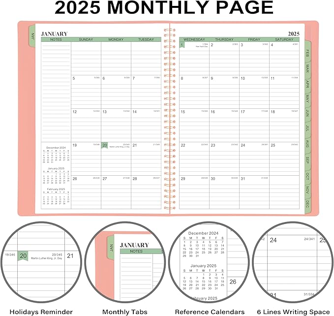 2025 Planner - Weekly & Monthly Planner Notepad 2025, 11.38'' x 8.74'', JAN. 2025 - DEC. 2025, Appointment Book, 60 Minutes Intervals, Monthly Tabs, Sturdy Cover, Spiral Bound, Back Pockets - Rose Golden