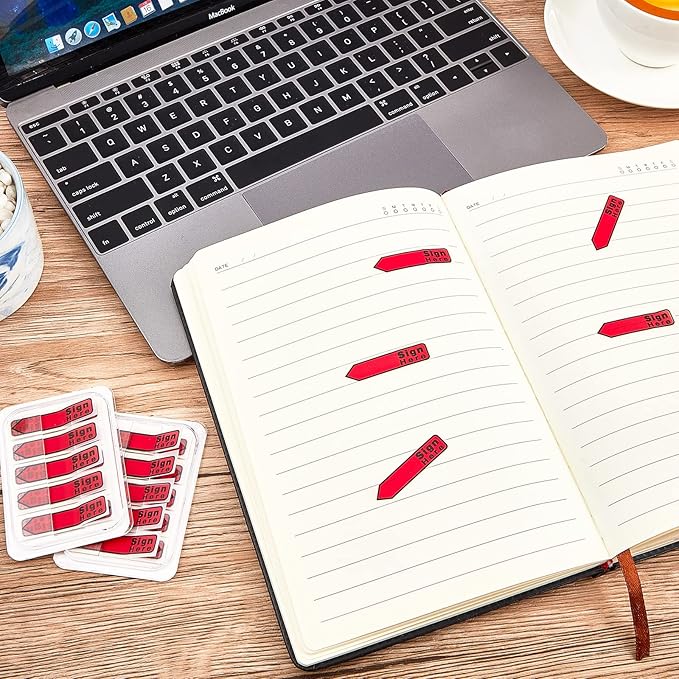 Colarr 10 Pack 1000 Pieces Sign Here Date Tabs Sign Here Date Stickers Flags Please Message Flags for Office Notebook Annotating Books Notary Books(Red,Cute)