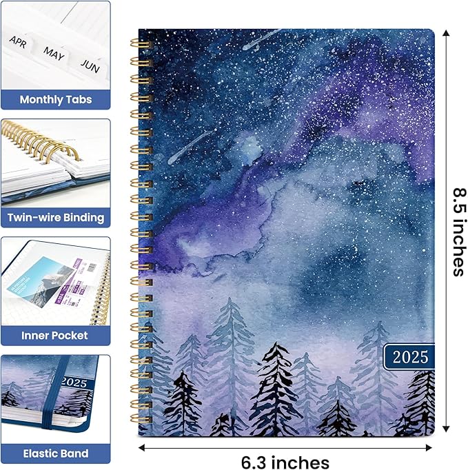 2025 Planner Weekly and Monthly, Jan 2025 - Dec 2025, Hardcover 2025 Calendar Planner Book with Monthly Tabs, Inner Pocket, Aesthetic Planner 2025 for Office Home School Planning - A5 (6.3" x 8.5"), Spiral Bound, Meteor Forest