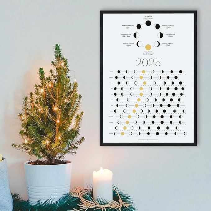 2025 Moon Phase Calendar (SHIPS FLAT) - Hangable Light Lunar Wall Poster - Great as a Unique Gift, Moon Tracking, Wall Décor & Art, Astrology Decorations - A Celestial Calendar - by Thankful Greetings
