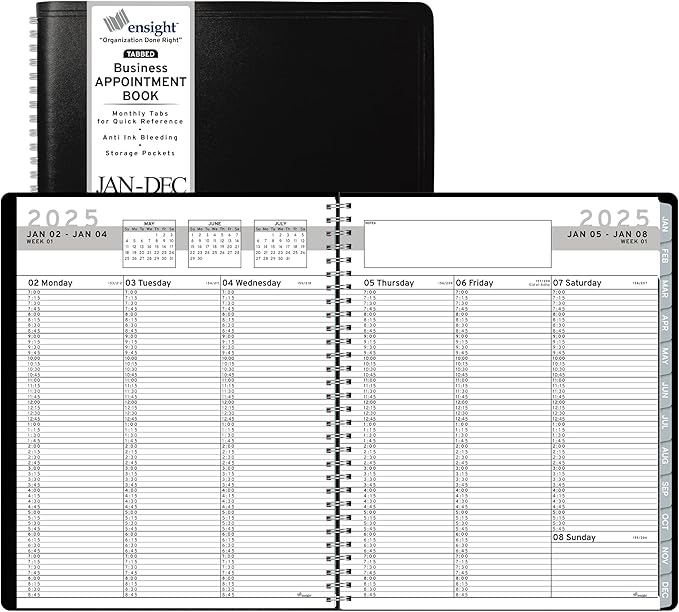 2025 Appointment Book & Planner- Ensight 8.5 x 11 inches, Large Tabbed Daily Hourly Weekly Planner, Calendar & Schedule Book 15-Minute time Slots, Business & Personal Planner Jan 2025- Dec 2025- Black