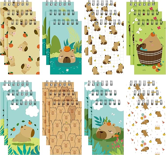 24 Packs Capybara Mini Spiral Notebooks Cute Animal Pocket Notepads Journal Memo Pads for Birthday Party Favors Gifts Goodie Bag Stocking Stuffers Office School Classroom Rewards, 8 Designs